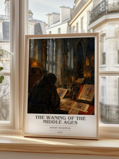 The Waning of the Middle Ages book cover print in frame leaning in hallway – non fiction wall art