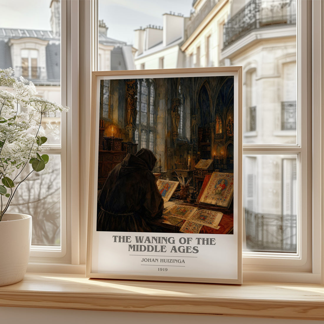 The Waning of the Middle Ages book cover print in frame leaning in hallway – non fiction wall art