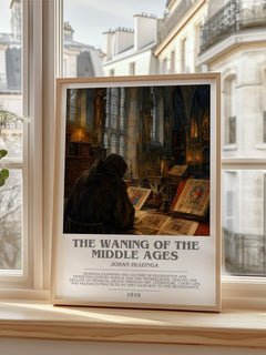The Waning of the Middle Ages bookish print in frame leaning in hallway – non fiction wall art