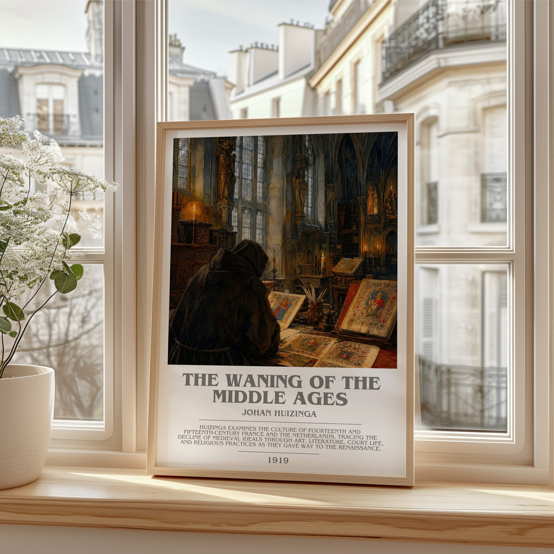 The Waning of the Middle Ages bookish print in frame leaning in hallway – non fiction wall art