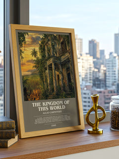 The Kingdom of This World Bookish Wall Art by Alejo Carpentier – framed print on a city-view windowsill