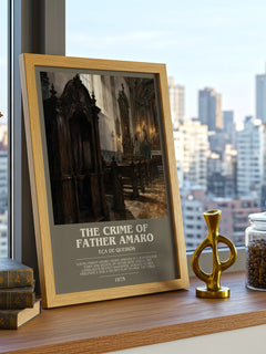 The Crime of Father Amaro Bookish Wall Art by Eça de Queirós – framed print on a city-view windowsill