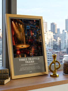 Three Trapped Tigers Bookish Wall Art by Guillermo Cabrera Infante – framed print on a city-view windowsill