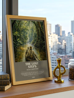 The Lost Steps Bookish Wall Art by Alejo Carpentier – framed print on a city-view windowsill
