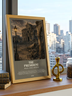 The President Bookish Wall Art by Miguel Angel Asturias – framed print on a city-view windowsill