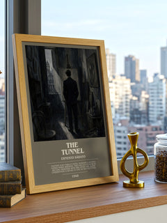 The Tunnel Bookish Wall Art by Ernesto Sábato – framed print on a city-view windowsill