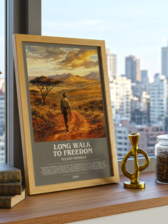 Long Walk To Freedom Bookish Wall Art by Nelson Mandela – framed print on a city-view windowsill