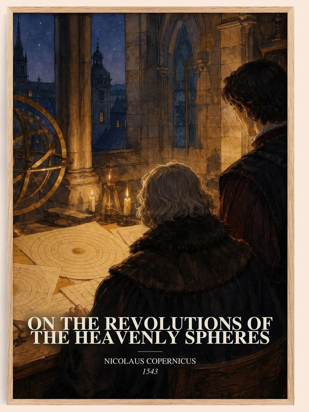 On the Revolutions of the Heavenly Spheres watercolour book poster by Nicolaus Copernicus – framed literary art print