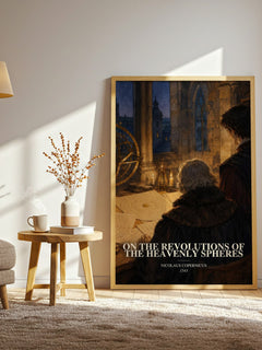 On the Revolutions of the Heavenly Spheres watercolour print in frame leaning in hallway – non fiction wall art
