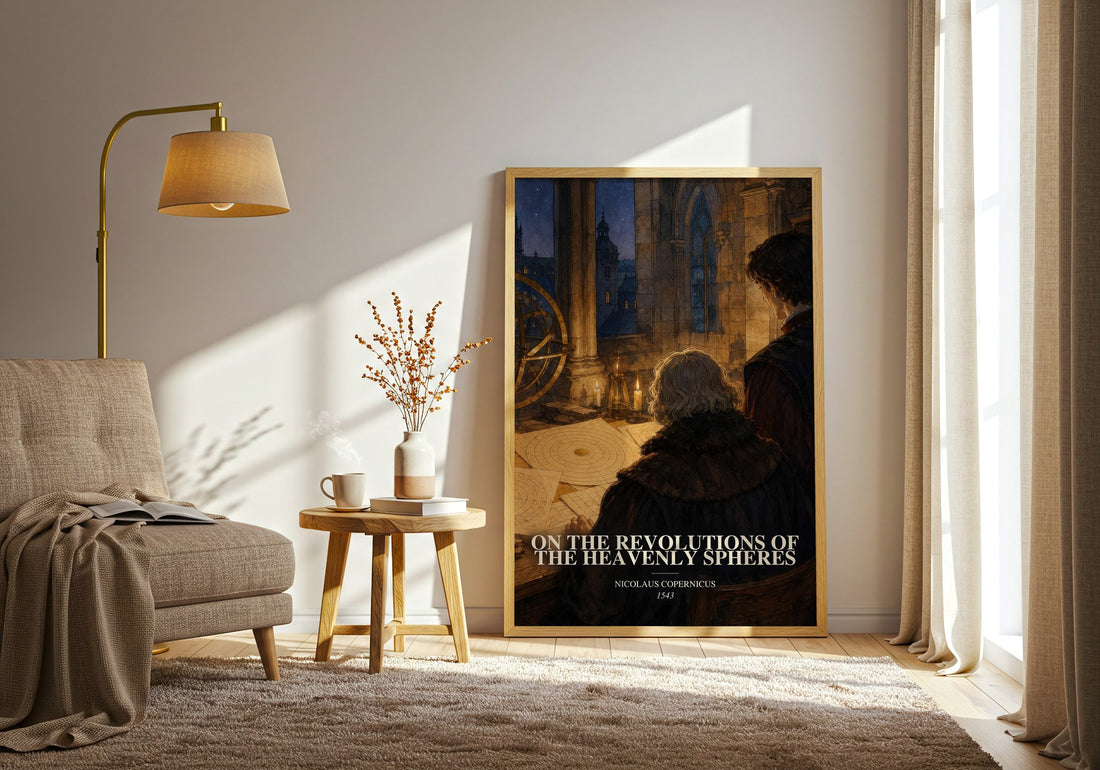 On the Revolutions of the Heavenly Spheres watercolour print in frame leaning in hallway – non fiction wall art