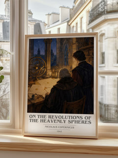 On the Revolutions of the Heavenly Spheres book cover print in frame leaning in hallway – non fiction wall art