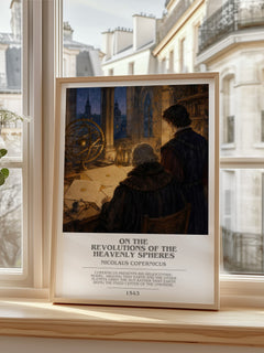 On the Revolutions of the Heavenly Spheres bookish print in frame leaning in hallway – non fiction wall art