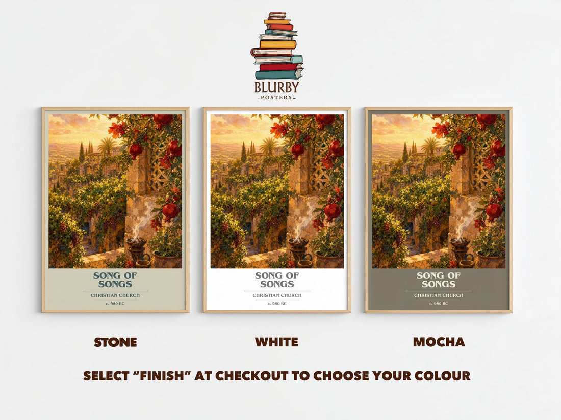 Song of Songs book cover print framed by window – Stone, White and Mocha side by side – choose your colour