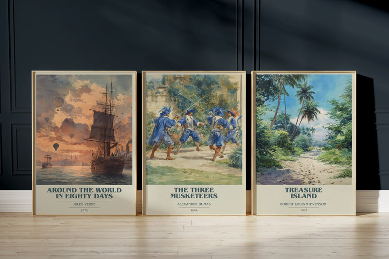 Classic Adventure: Around The World In Eighty Days, The Three Musketeers, Treasure Island framed art prints
