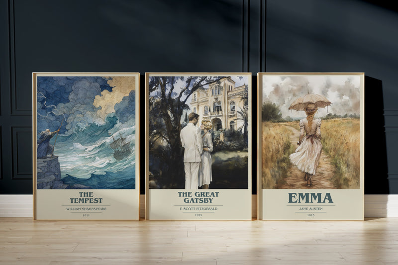 Classic Literature: The Tempest, The Great Gatsby, Emma framed art prints