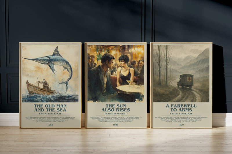 Hemingway Classics: The Old Man And The Sea, The Sun Also Rises, A Farewell To Arms framed art prints