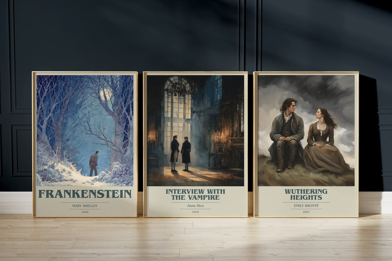 Gothic Classics: Frankenstein, Interview With The Vampire, Wuthering Heights framed art prints