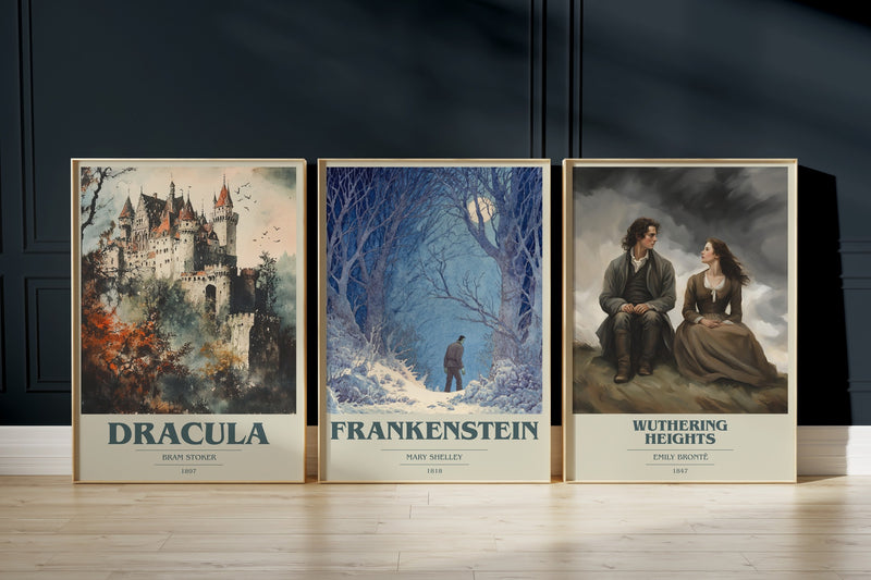 Gothic novel poster set: Dracula, Frankenstein and Wuthering Heights framed prints