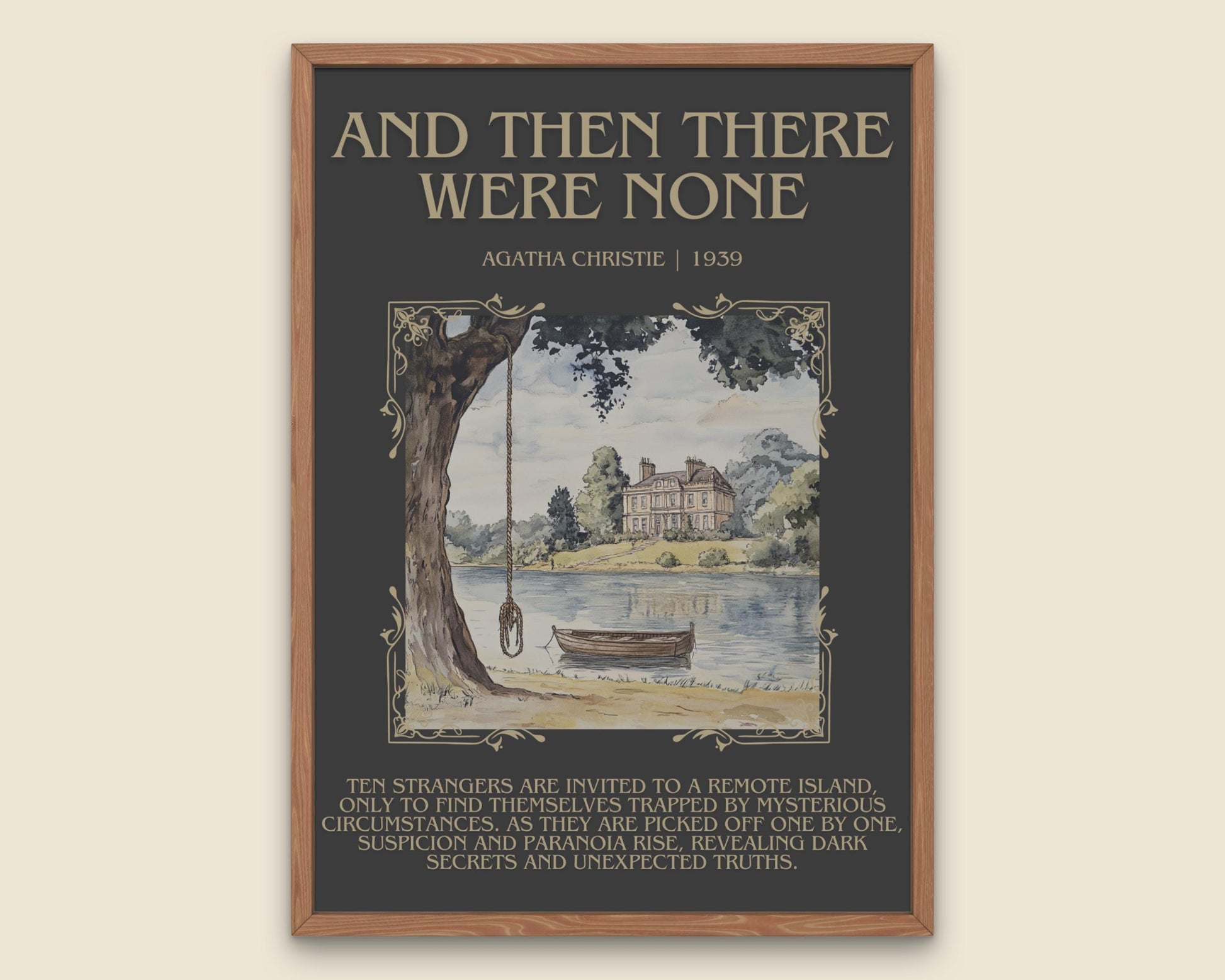 And Then There Were None by Agatha Christie Descriptive, High Quality Poster Print. Free Delivery Wall Art. Watercolour Sketch style artwork poster with a blurb style descriptive summary at the bottom