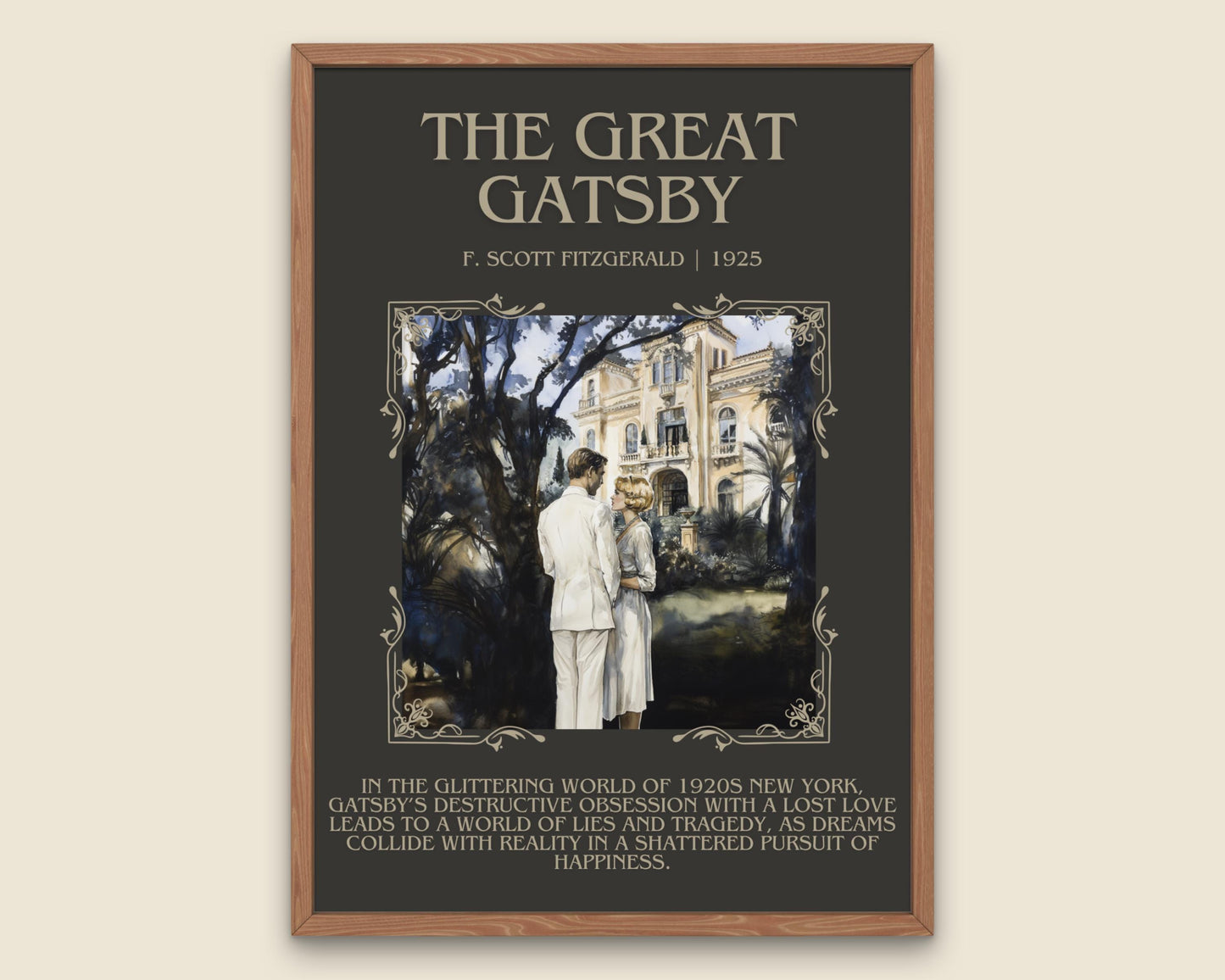 The Great Gatsby by F. Scott Fitzgerald Descriptive, High Quality Poster Print. Free Delivery Wall Art. Author and Blurb Book/Novel Artwork