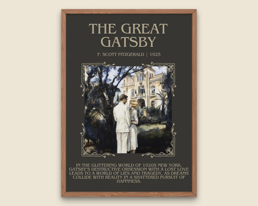 The Great Gatsby by F. Scott Fitzgerald Descriptive, High Quality Poster Print. Free Delivery Wall Art. Author and Blurb Book/Novel Artwork