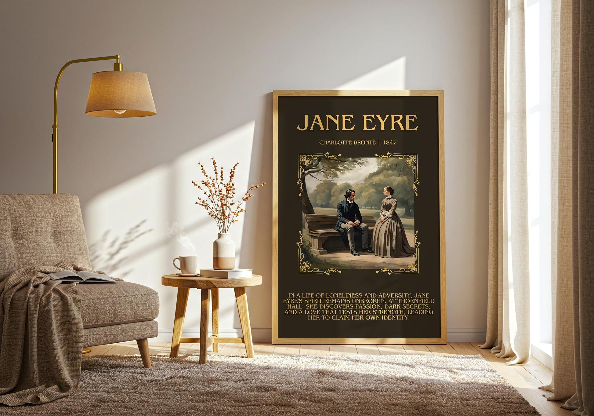 Jane Eyre by Charlotte Bronte Descriptive, High Quality Poster Print. Free Delivery Wall Art. Author and Blurb Book Artwork