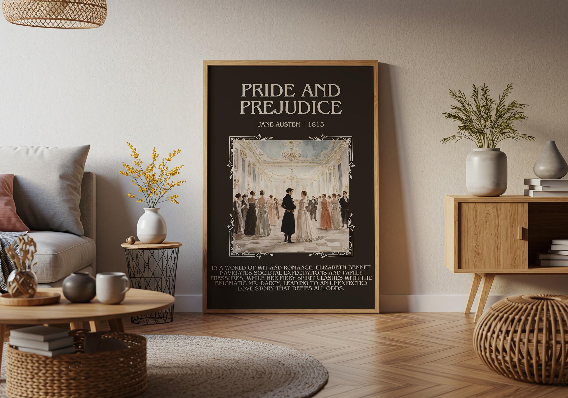 Pride and Prejudice by Jane Austin Descriptive, High Quality Poster Print. Free Delivery Wall Art. Author and Blurb Book Artwork