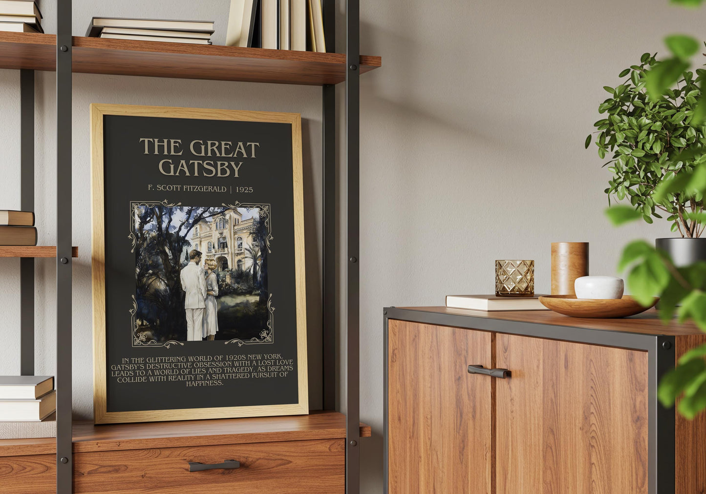 The Great Gatsby by F. Scott Fitzgerald Descriptive, High Quality Poster Print. Free Delivery Wall Art. Author and Blurb Book/Novel Artwork