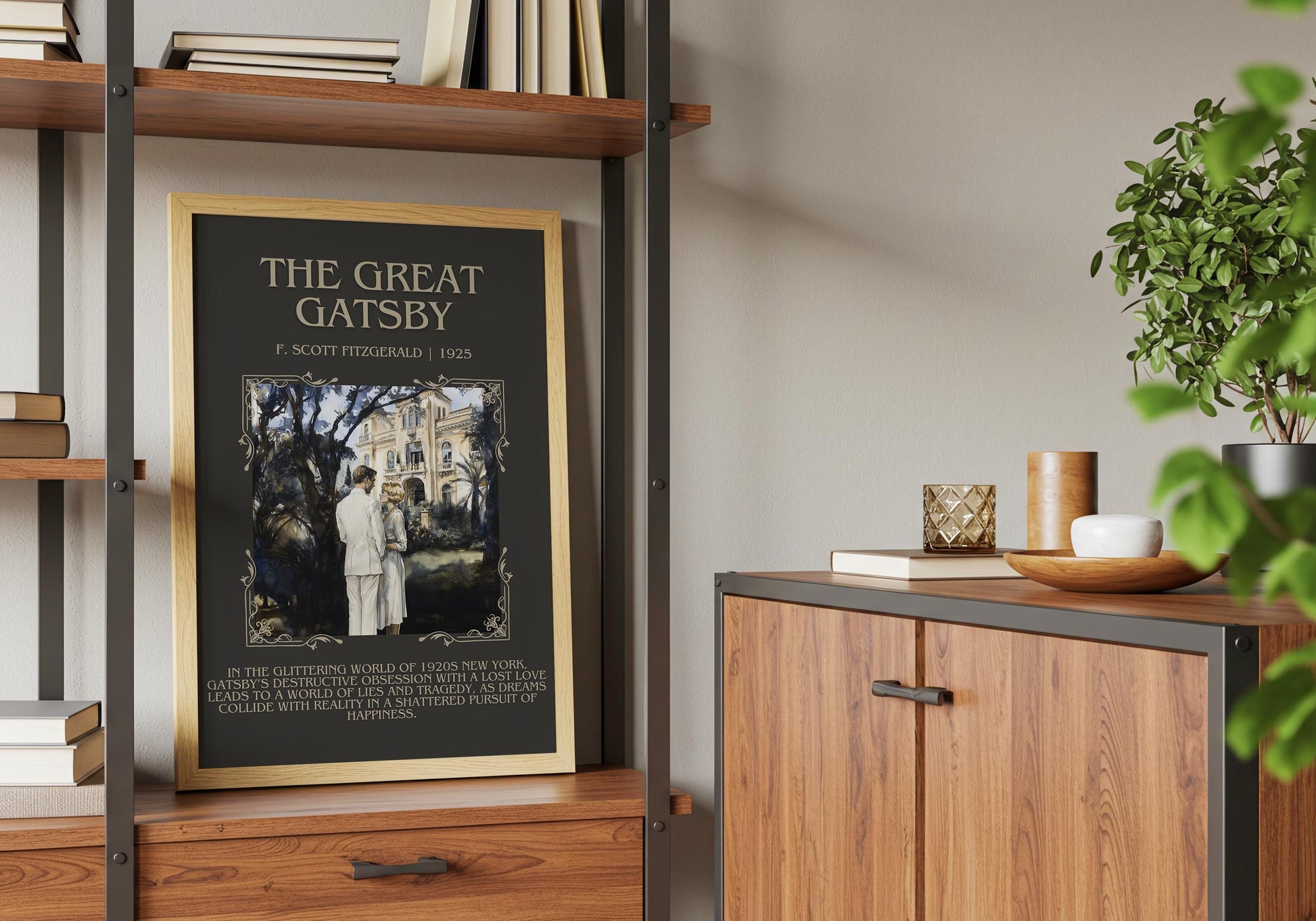The Great Gatsby by F. Scott Fitzgerald Descriptive, High Quality Poster Print. Free Delivery Wall Art. Author and Blurb Book/Novel Artwork