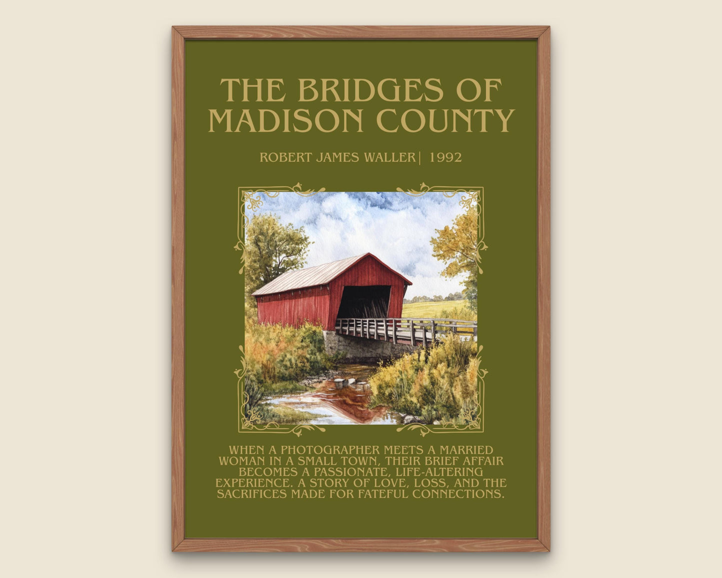 The Bridges Of Madison County by Robert James Waller Descriptive,High Quality Poster. Free Delivery Wall Art. Author and Blurb Book Artwork