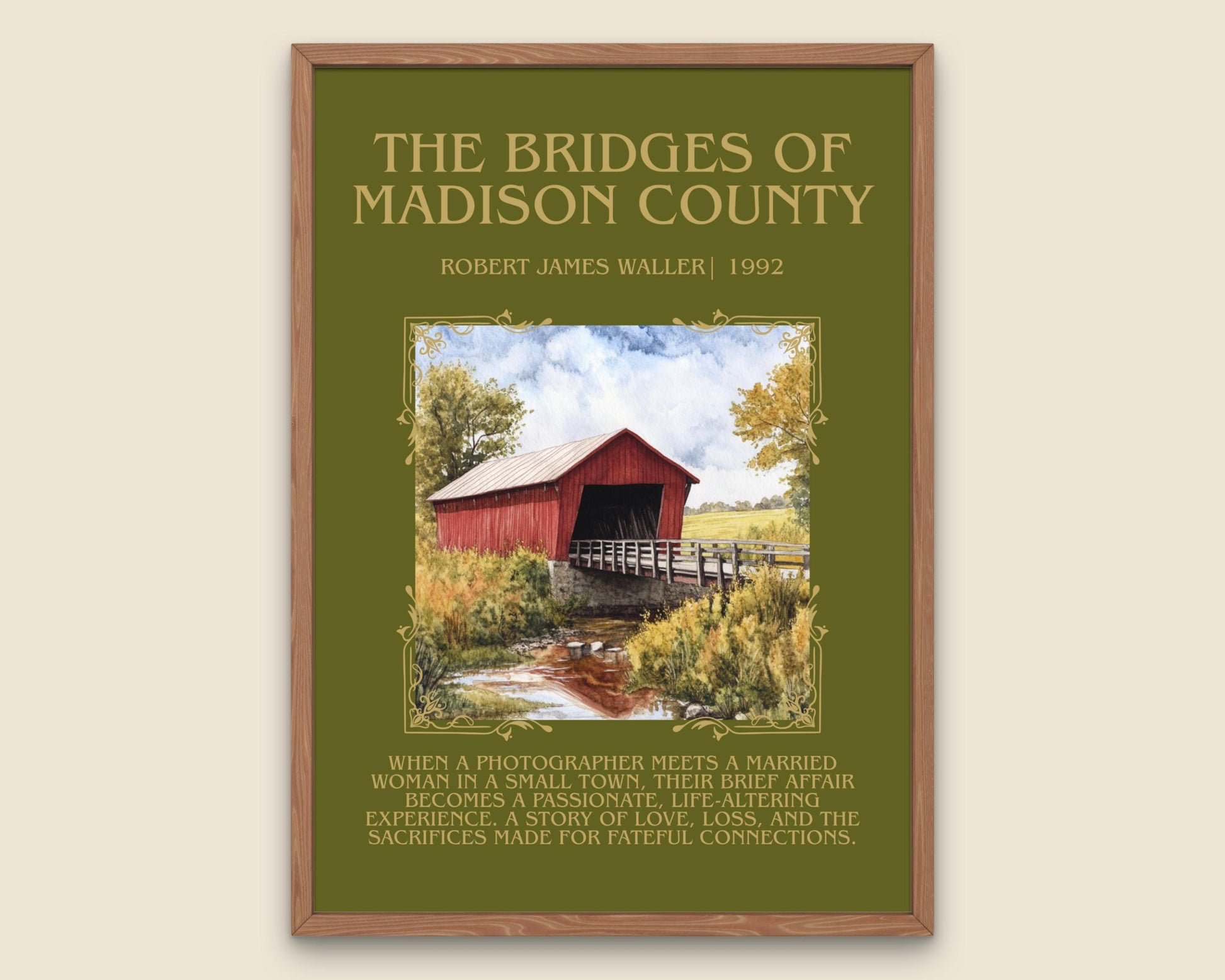 The Bridges Of Madison County by Robert James Waller Descriptive,High Quality Poster. Free Delivery Wall Art. Author and Blurb Book Artwork
