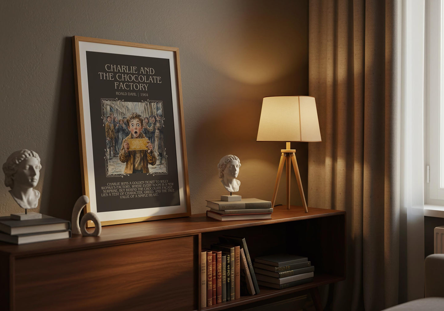 Charlie And The Chocolate Factory by Roald Dahl Descriptive,High Quality Poster. Free Delivery Wall Art. Author and Blurb Book Artwork
