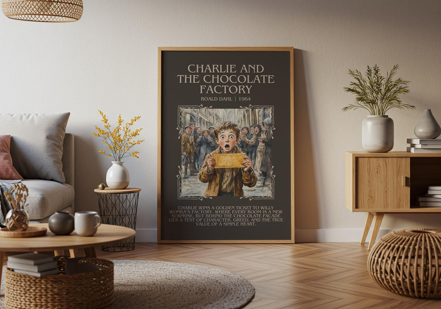 Charlie And The Chocolate Factory by Roald Dahl Descriptive,High Quality Poster. Free Delivery Wall Art. Author and Blurb Book Artwork