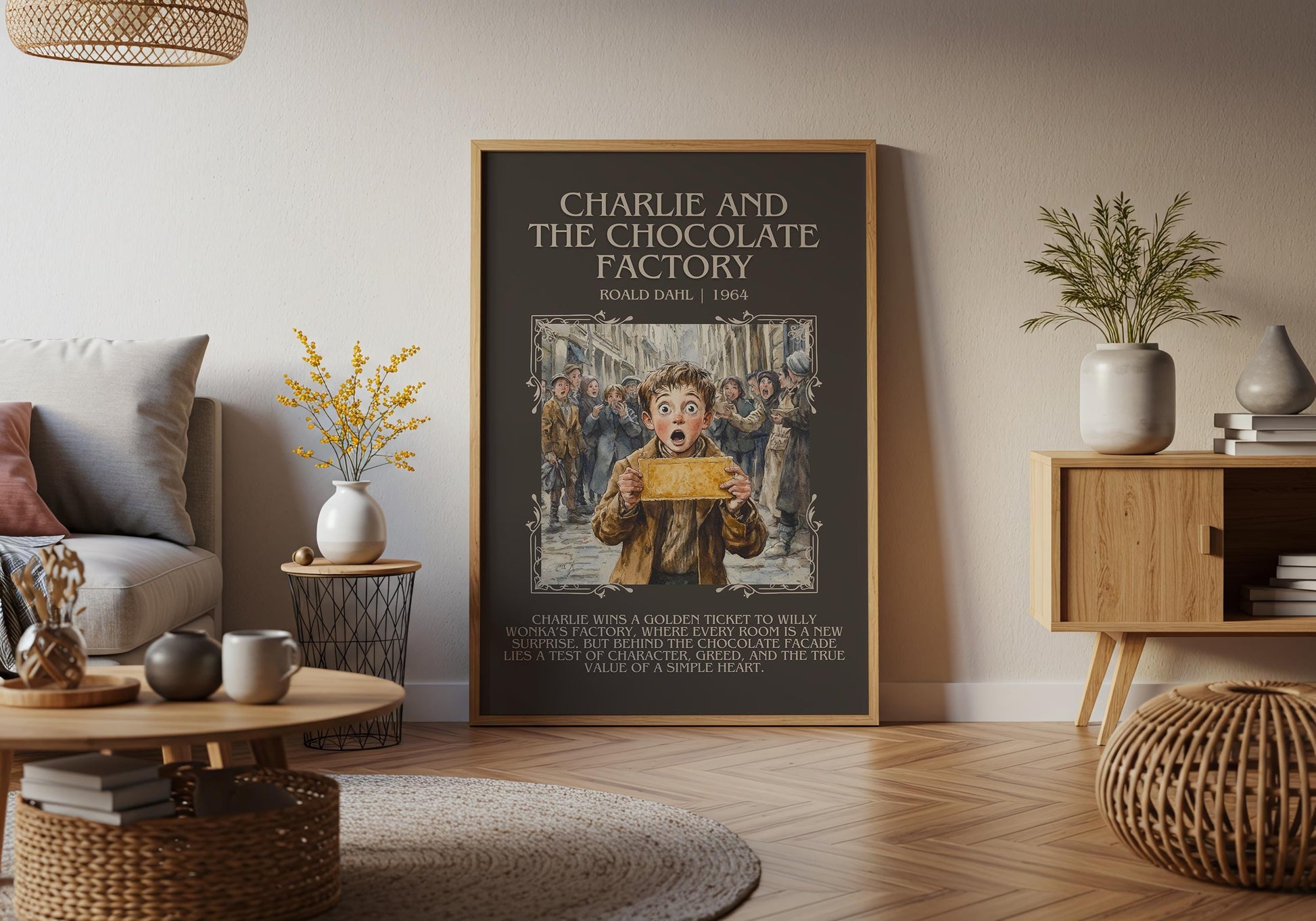 Charlie And The Chocolate Factory by Roald Dahl Descriptive,High Quality Poster. Free Delivery Wall Art. Author and Blurb Book Artwork