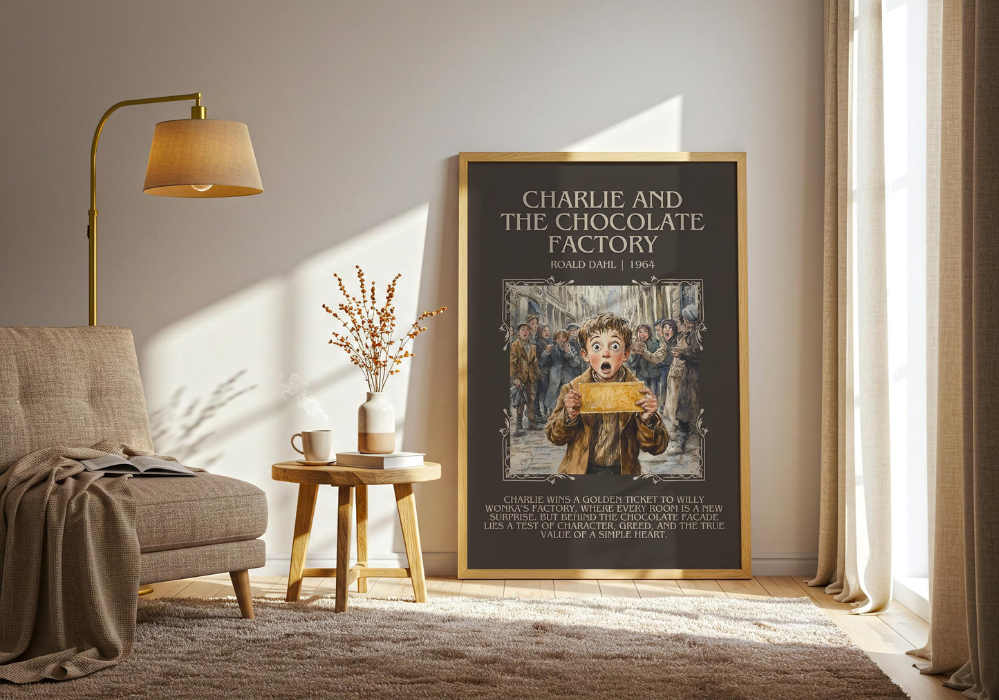 Charlie And The Chocolate Factory by Roald Dahl Descriptive,High Quality Poster. Free Delivery Wall Art. Author and Blurb Book Artwork