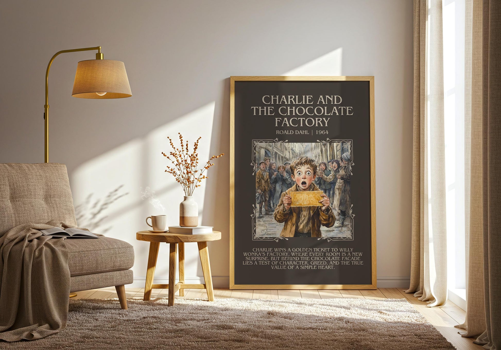 Charlie And The Chocolate Factory by Roald Dahl Descriptive,High Quality Poster. Free Delivery Wall Art. Author and Blurb Book Artwork
