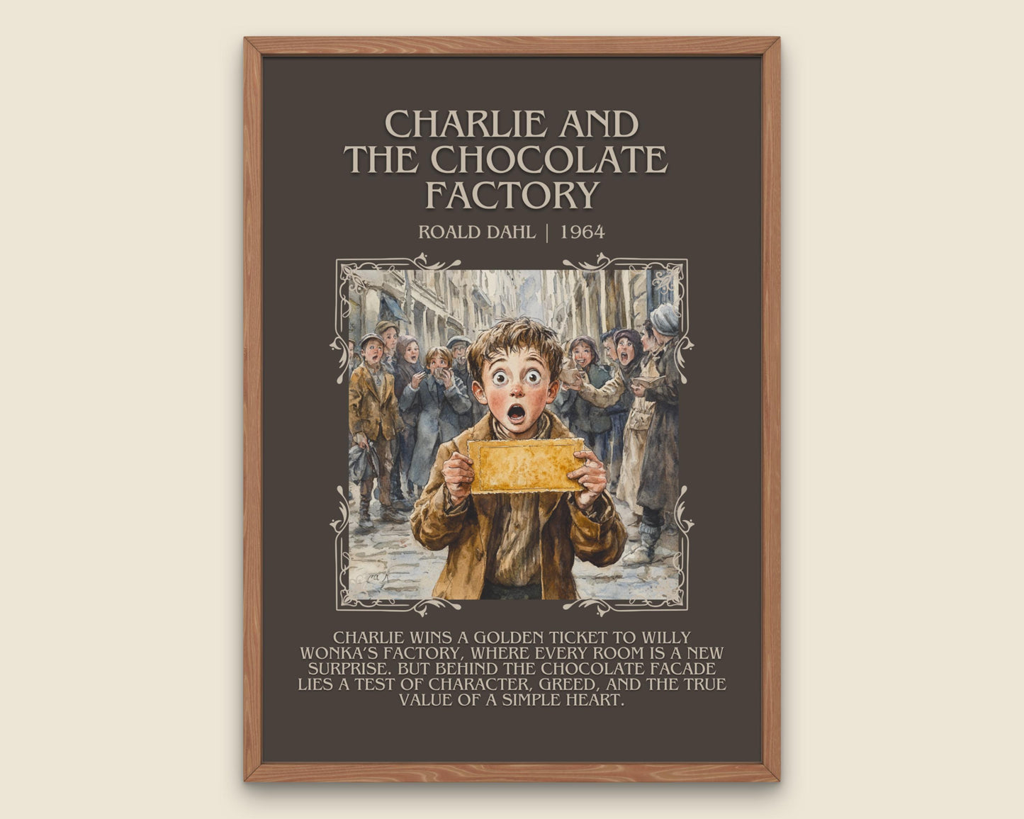 Charlie And The Chocolate Factory by Roald Dahl Descriptive,High Quality Poster. Free Delivery Wall Art. Author and Blurb Book Artwork