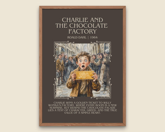 Charlie And The Chocolate Factory by Roald Dahl Descriptive,High Quality Poster. Free Delivery Wall Art. Author and Blurb Book Artwork