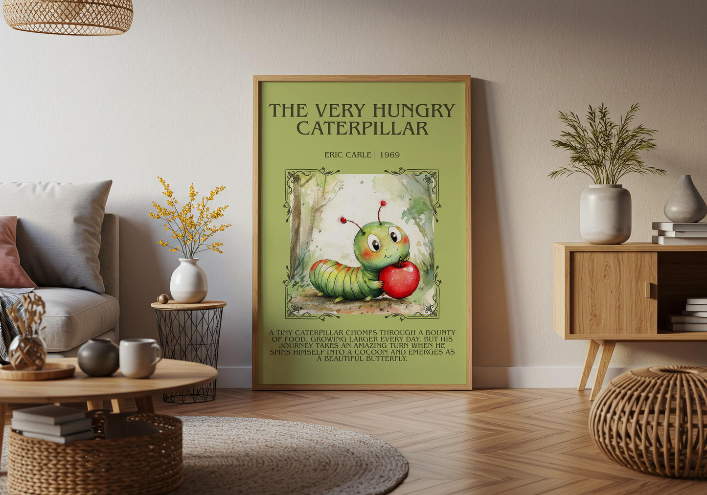 The Very Hungry Caterpillar by Eric Carle Descriptive, High Quality Poster. Fast, Free Delivery Wall Art. Author and Blurb Book Artwork
