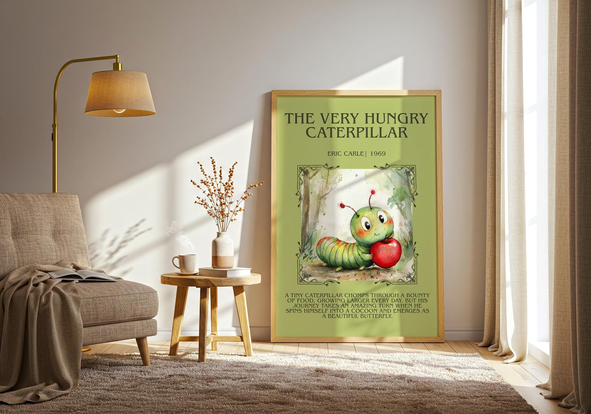 The Very Hungry Caterpillar by Eric Carle Descriptive, High Quality Poster. Fast, Free Delivery Wall Art. Author and Blurb Book Artwork