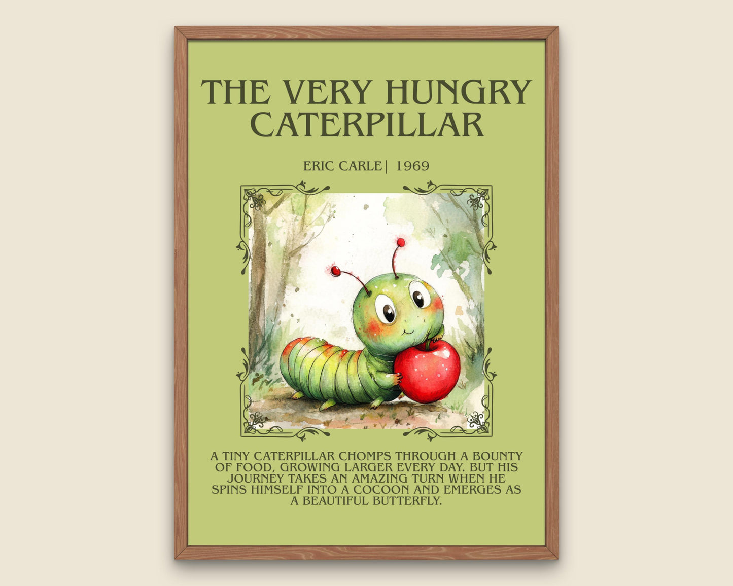 The Very Hungry Caterpillar by Eric Carle Descriptive, High Quality Poster. Fast, Free Delivery Wall Art. Author and Blurb Book Artwork