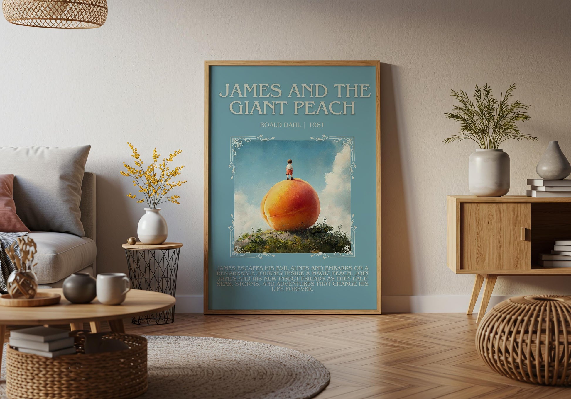 James And The Giant Peach by Roald Dahl Descriptive,High Quality Poster. Free Delivery Wall Art. Author and Blurb Book Artwork. Book Summary