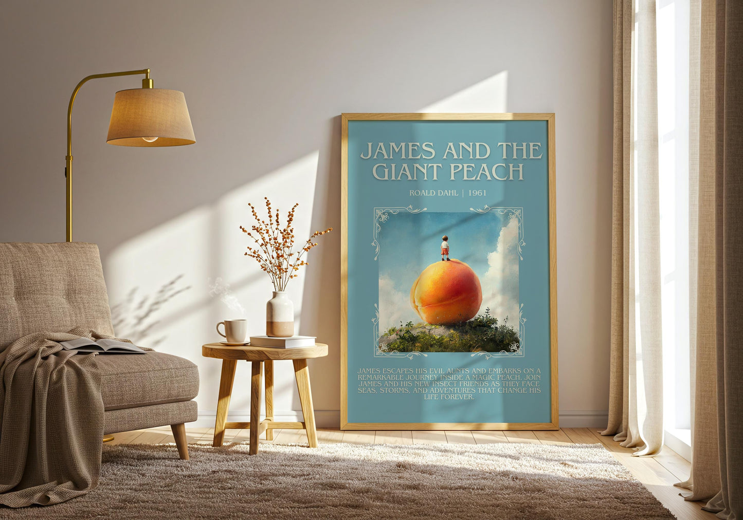 James And The Giant Peach by Roald Dahl Descriptive,High Quality Poster. Free Delivery Wall Art. Author and Blurb Book Artwork. Book Summary