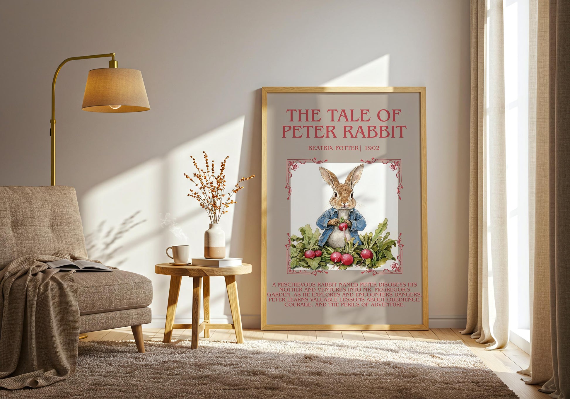 The Tale Of Peter Rabbit by Beatrix Potter Descriptive,High Quality Poster. Free Delivery Wall Art. Author and Blurb Book Artwork.Book Lover