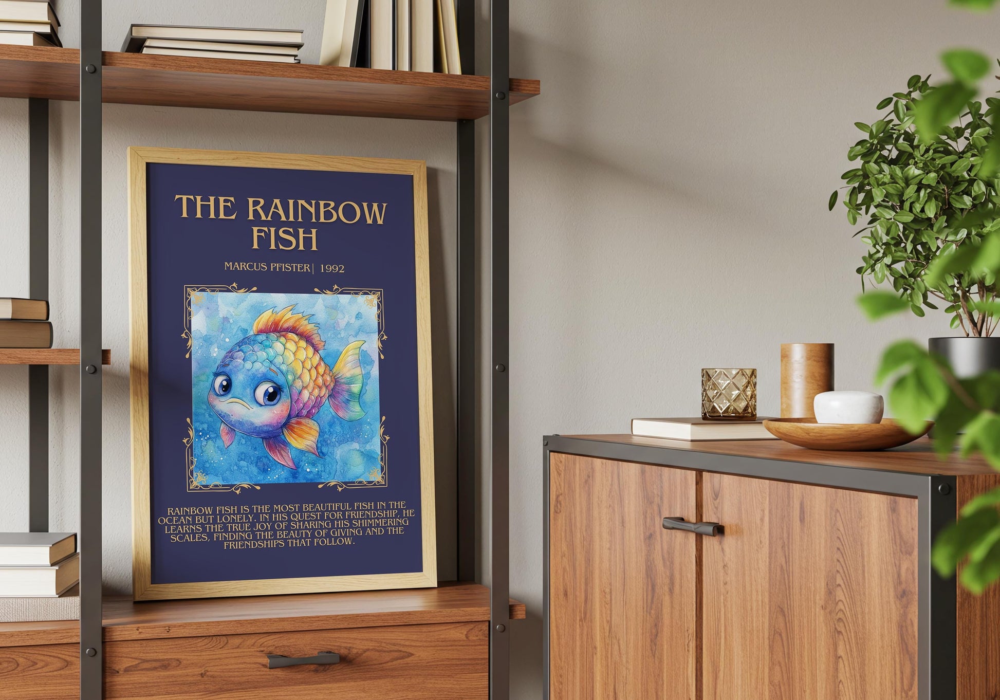 The Rainbow Fish by Marcus Pfister Descriptive, High Quality Poster. Fast, Free Delivery Wall Art. Author and Blurb Book Artwork. Book Lover