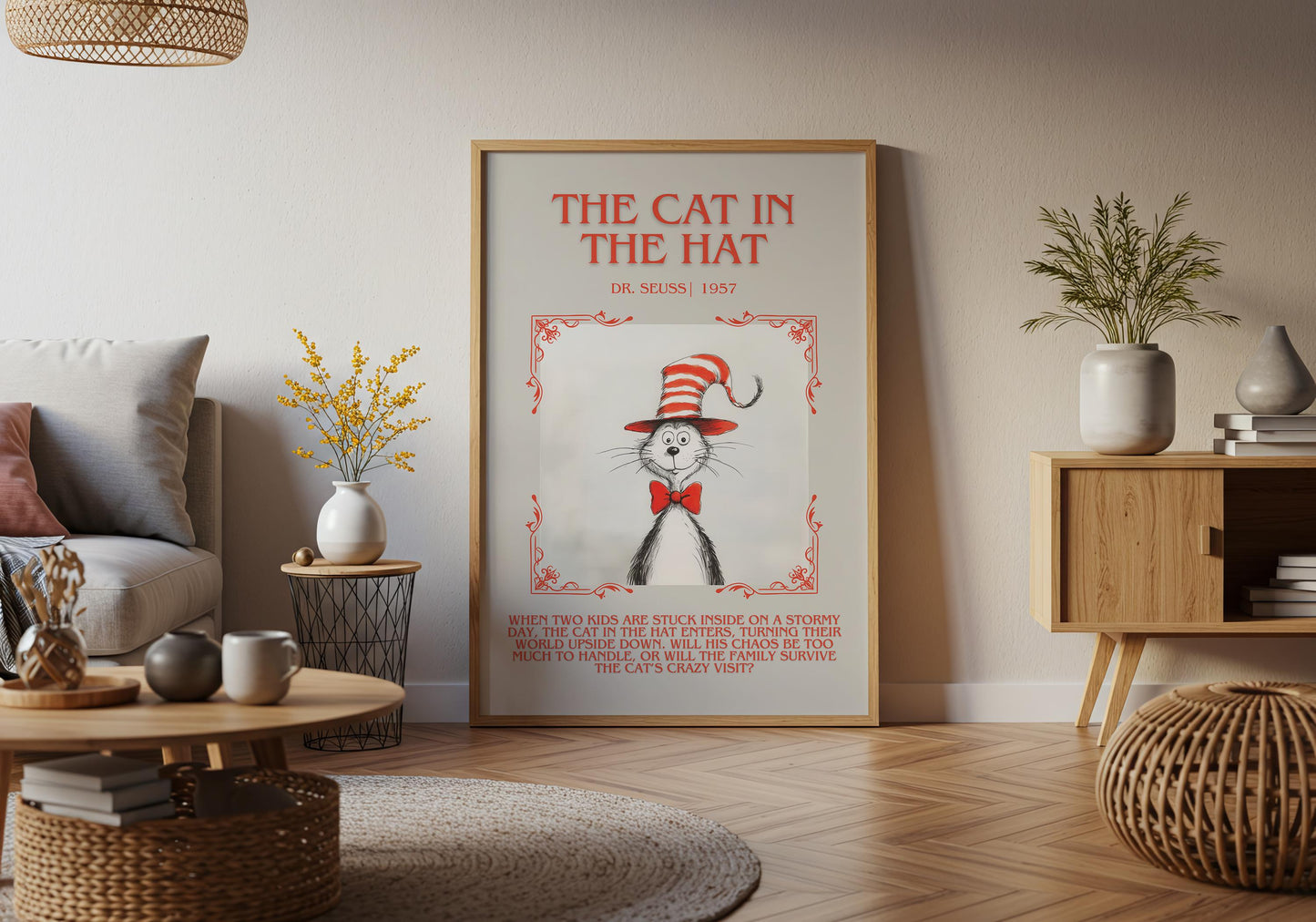 The Cat In The Hat by Dr. Seuss Descriptive, High Quality Poster Print. Free Delivery Wall Art.Author and Blurb Book Artwork
