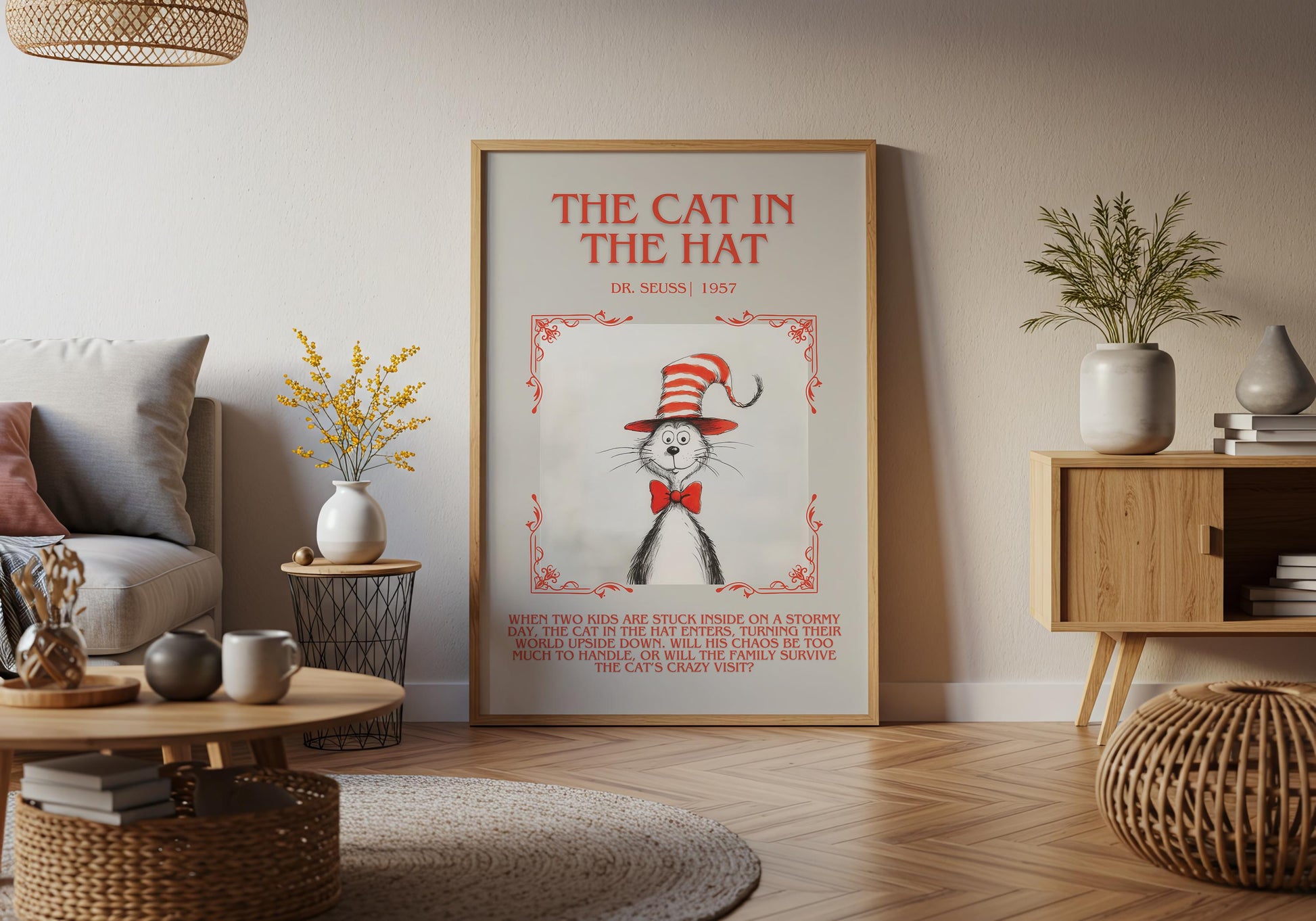 The Cat In The Hat by Dr. Seuss Descriptive, High Quality Poster Print. Free Delivery Wall Art.Author and Blurb Book Artwork