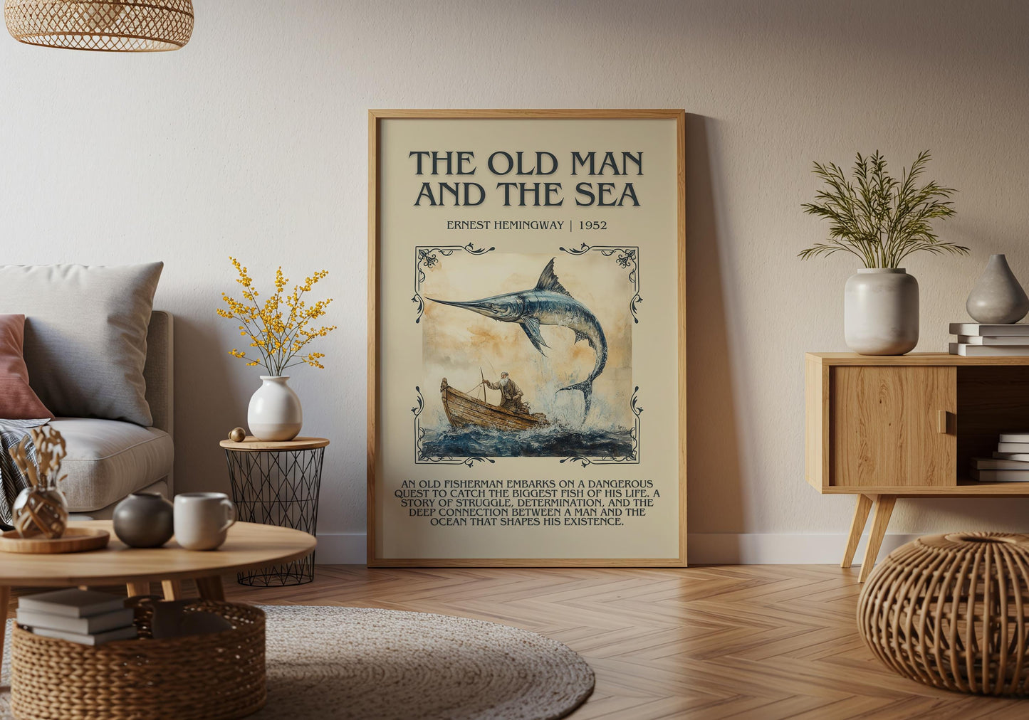 The Old Man And The Sea by Ernest Hemingway Descriptive, High Quality Poster Print. Free Delivery Wall Art.Author and Blurb Book Artwork