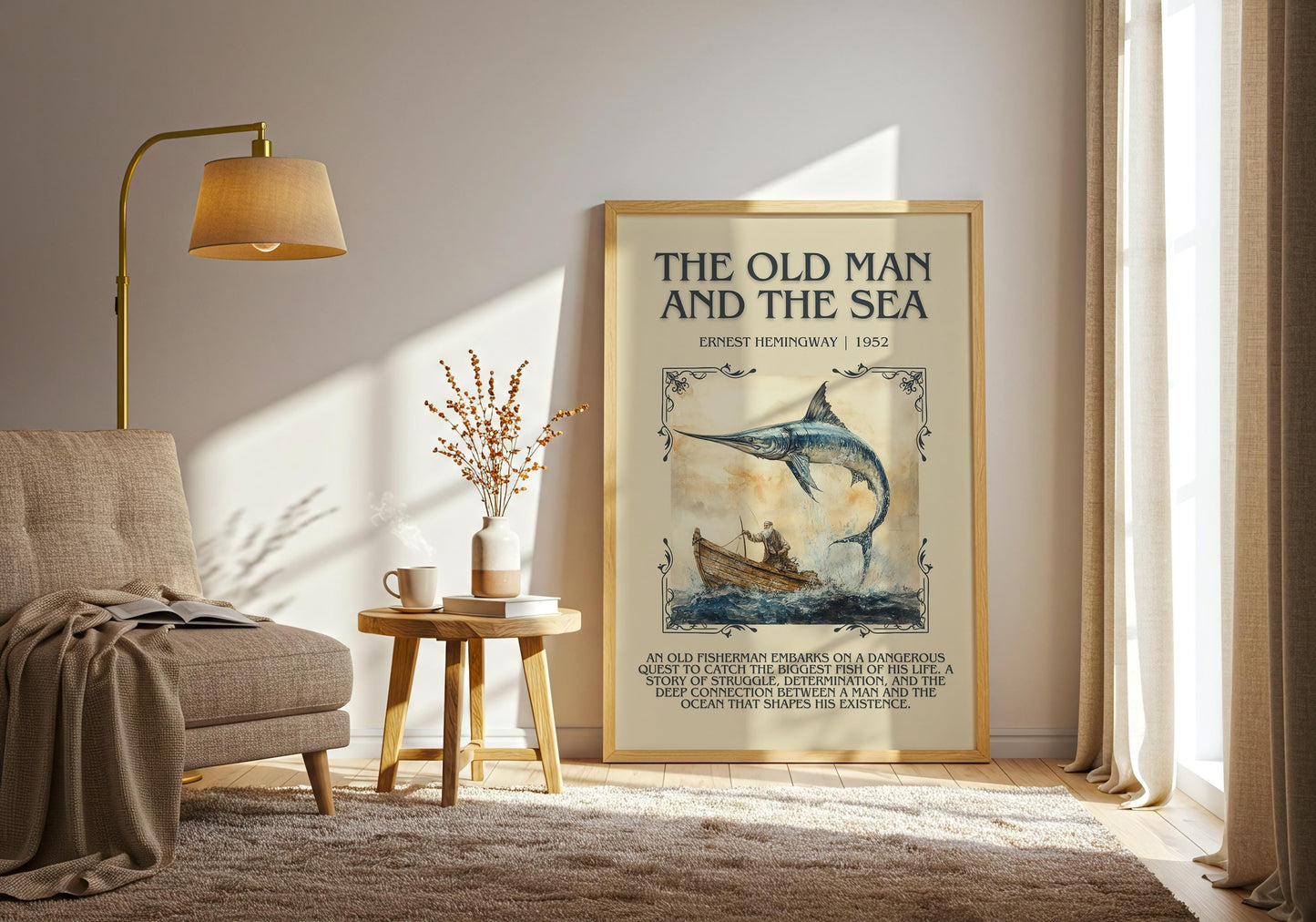 The Old Man And The Sea by Ernest Hemingway Descriptive, High Quality Poster Print. Free Delivery Wall Art.Author and Blurb Book Artwork