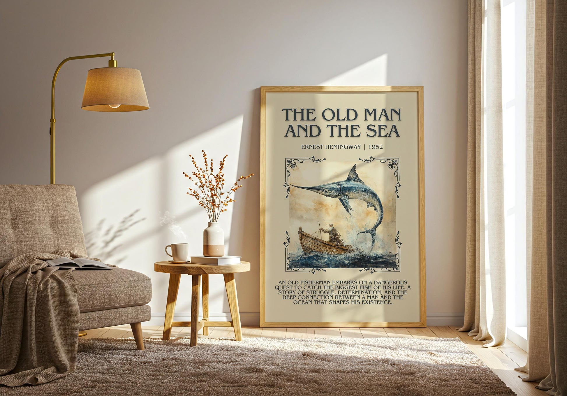 The Old Man And The Sea by Ernest Hemingway Descriptive, High Quality Poster Print. Free Delivery Wall Art.Author and Blurb Book Artwork